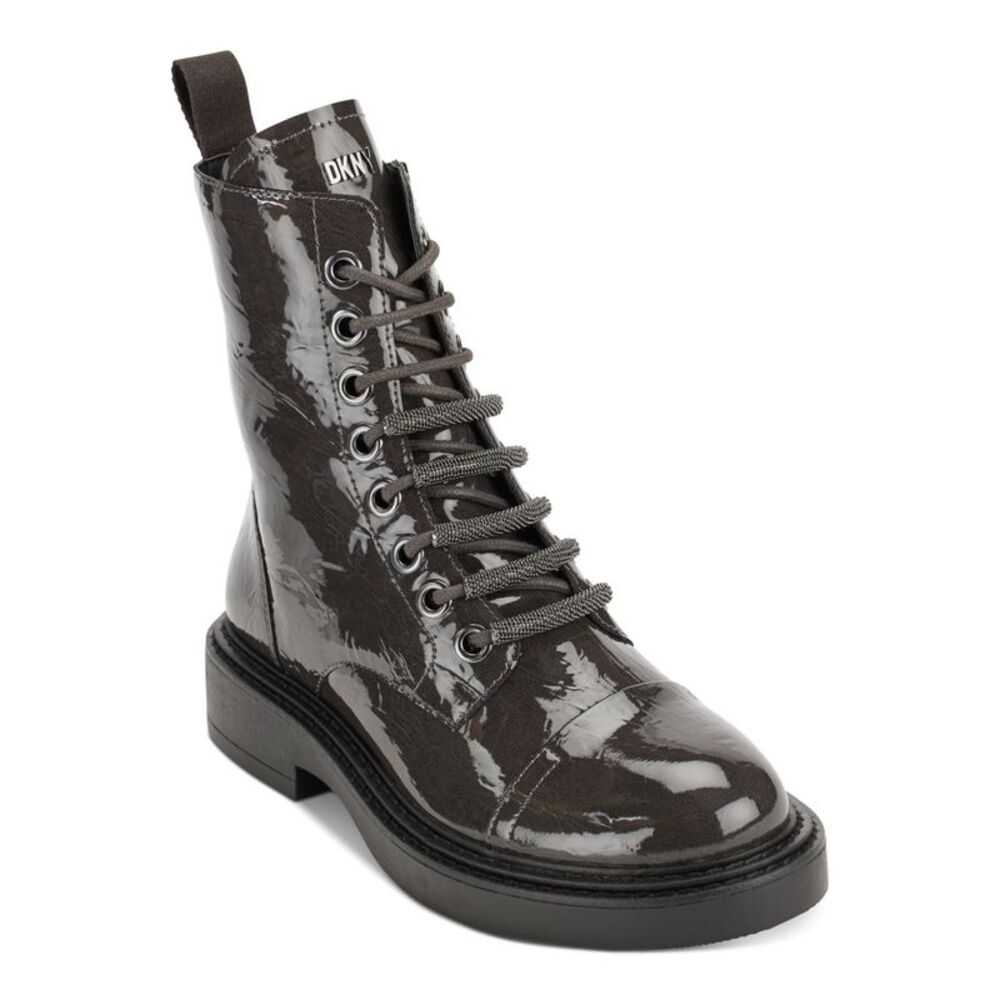 DKNY Womens Gray Metallic Malaya Almond Toe Block Heel Lace-Up Combat Boots 5